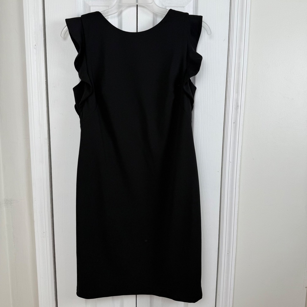 Calvin Klein Black Ruffle Sleeve‎ Sheath Dress Square Back Stretch Crepe LBD